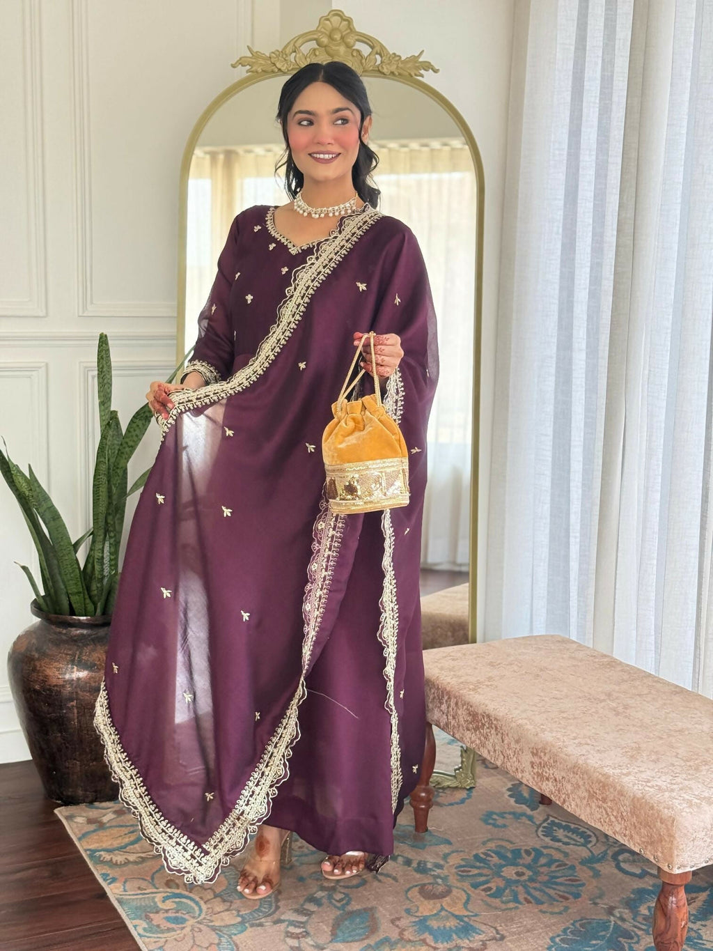 The52 Wine Women's Gorgeous Vichitra Silk Fabric Embroidered Work Flared Anarkali Pant and Dupatta Set - Distacart