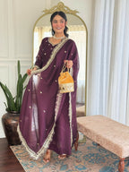 The52 Wine Women's Gorgeous Vichitra Silk Fabric Embroidered Work Flared Anarkali Pant and Dupatta Set - Distacart