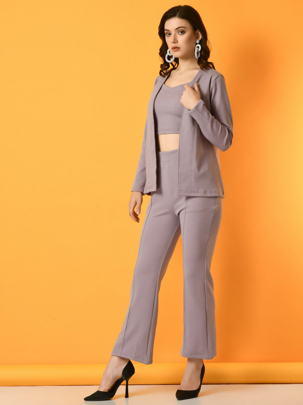 Myshka Women's Lavender Solid Coat With Trousers
