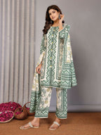 Joban Fashion Women Off White & Forest Green Linen Printed Stitched Kurta Set - Distacart