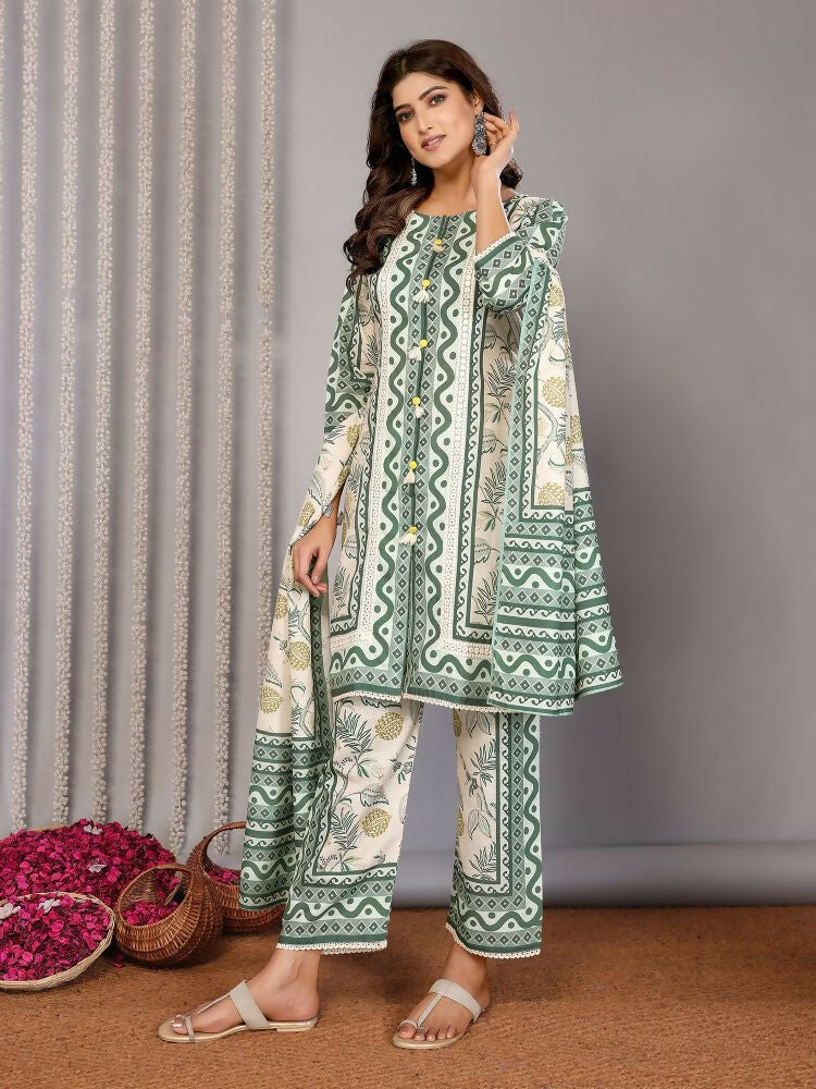 Joban Fashion Women Off White & Forest Green Linen Printed Stitched Kurta Set - Distacart