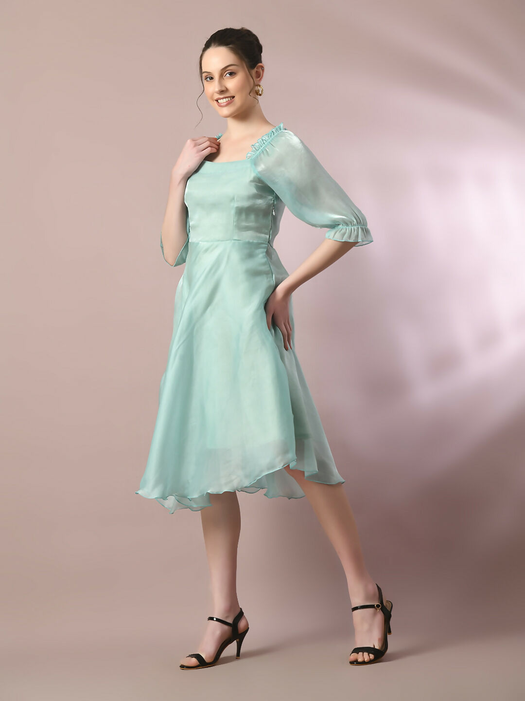 Myshka Women's Sea Green Solid Square Neck Fit and Flare Party Dress - Distacart