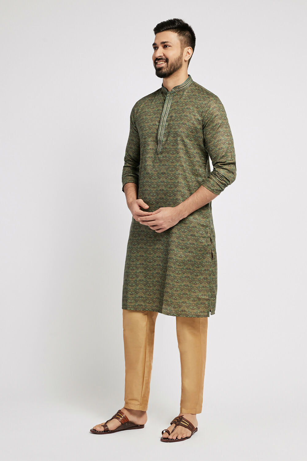 Ethnic India Green Men's Kurta Abstract Polyester