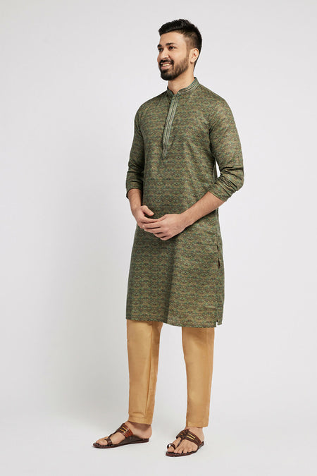 Ethnic India Green Men's Kurta Abstract Polyester