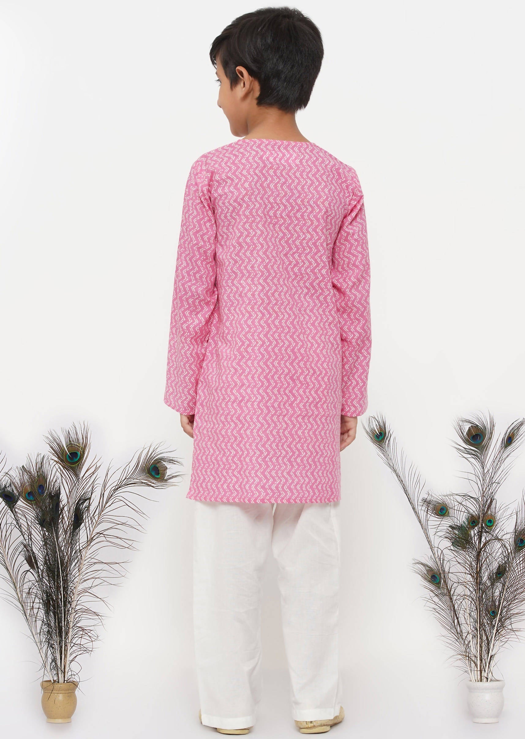 Little Bansi Boys Cotton Jaipuri Kurta with Pearl Buttons & Pyjama -Pink & Cream