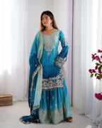 The52 Women's Beautiful Chinon silk Fabric Embroidery Work Straight Kurta Palazzo and Dupatta Set - Distacart