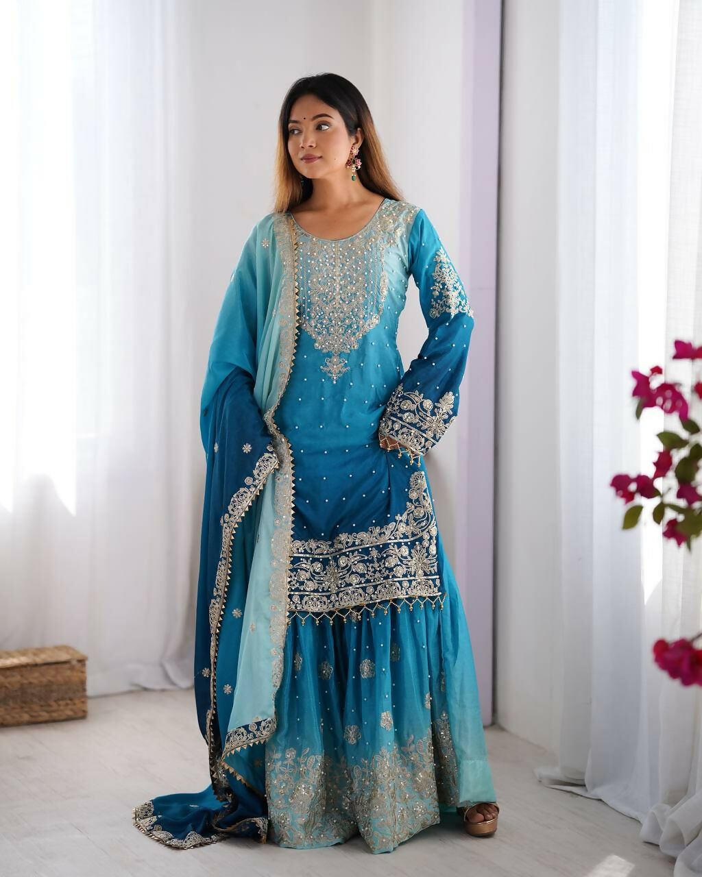 The52 Women's Beautiful Chinon silk Fabric Embroidery Work Straight Kurta Palazzo and Dupatta Set - Distacart