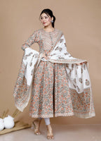 Miravan Women's Partywear Brown Floral Printed Gota Work Long Anarkali With Dupatta Set