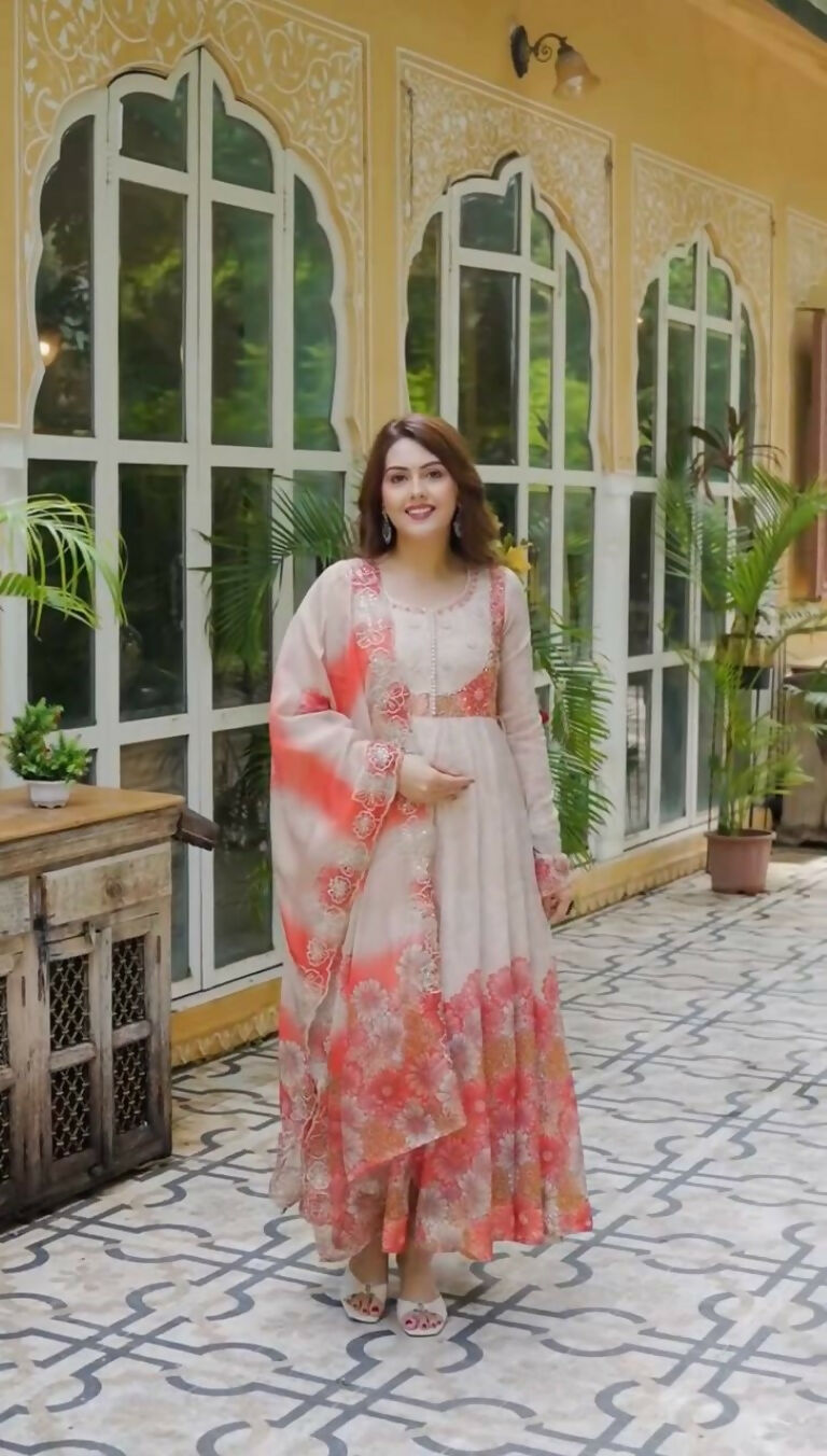 Teeya Creation Multi Color Organza Silk With Digital print With Embroidery Gown - Distacart