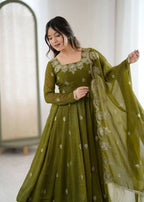 Teeya Creation Mehendi Color Crunchy Silk Embroidery Work Wedding Wear Gown - Distacart