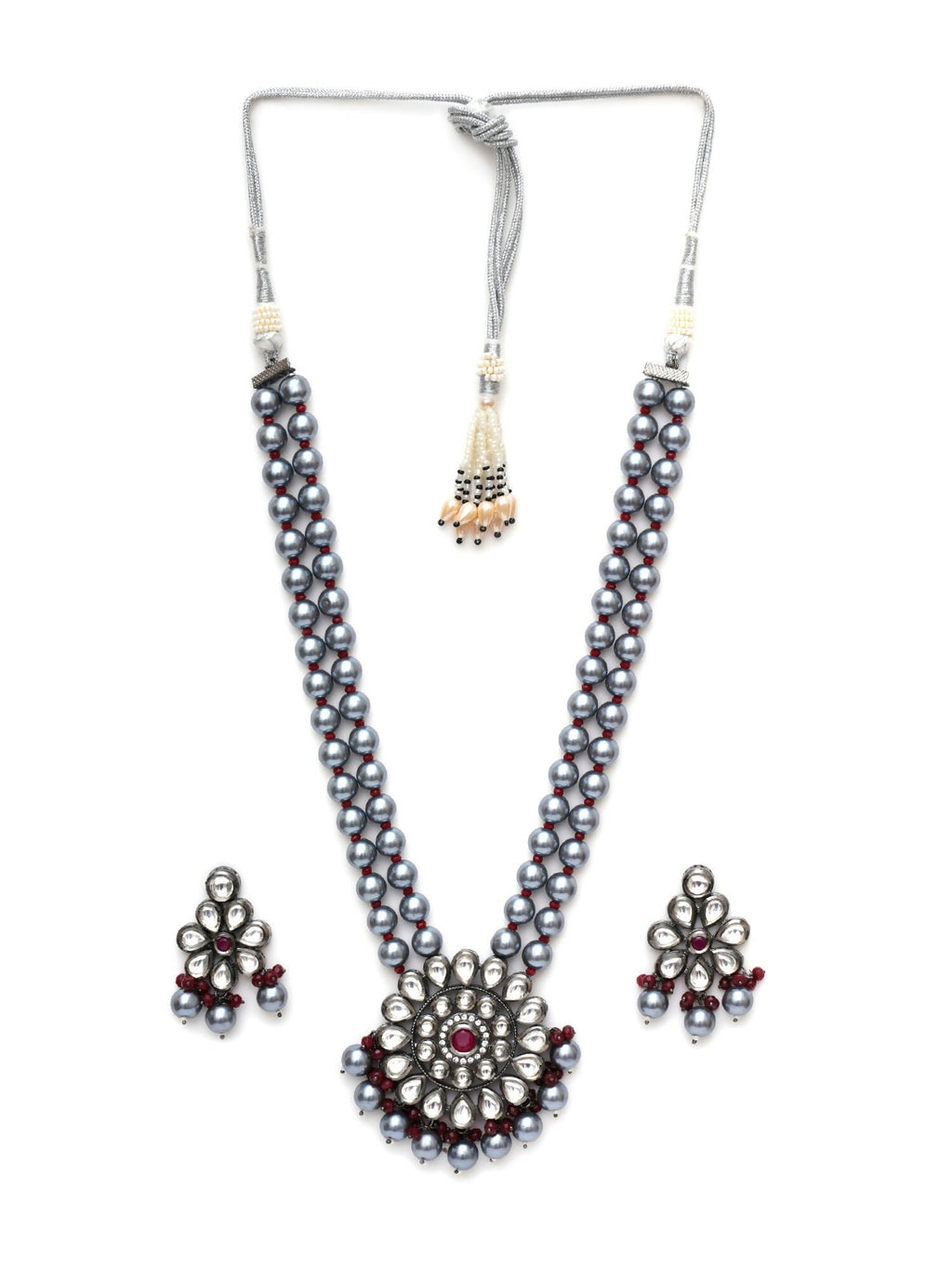 Long Kundan Neckpiece with Earrings with Multi Stones Jewellery Set (Grey) - Ruby Raang