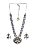 Long Kundan Neckpiece with Earrings with Multi Stones Jewellery Set (Grey) - Ruby Raang
