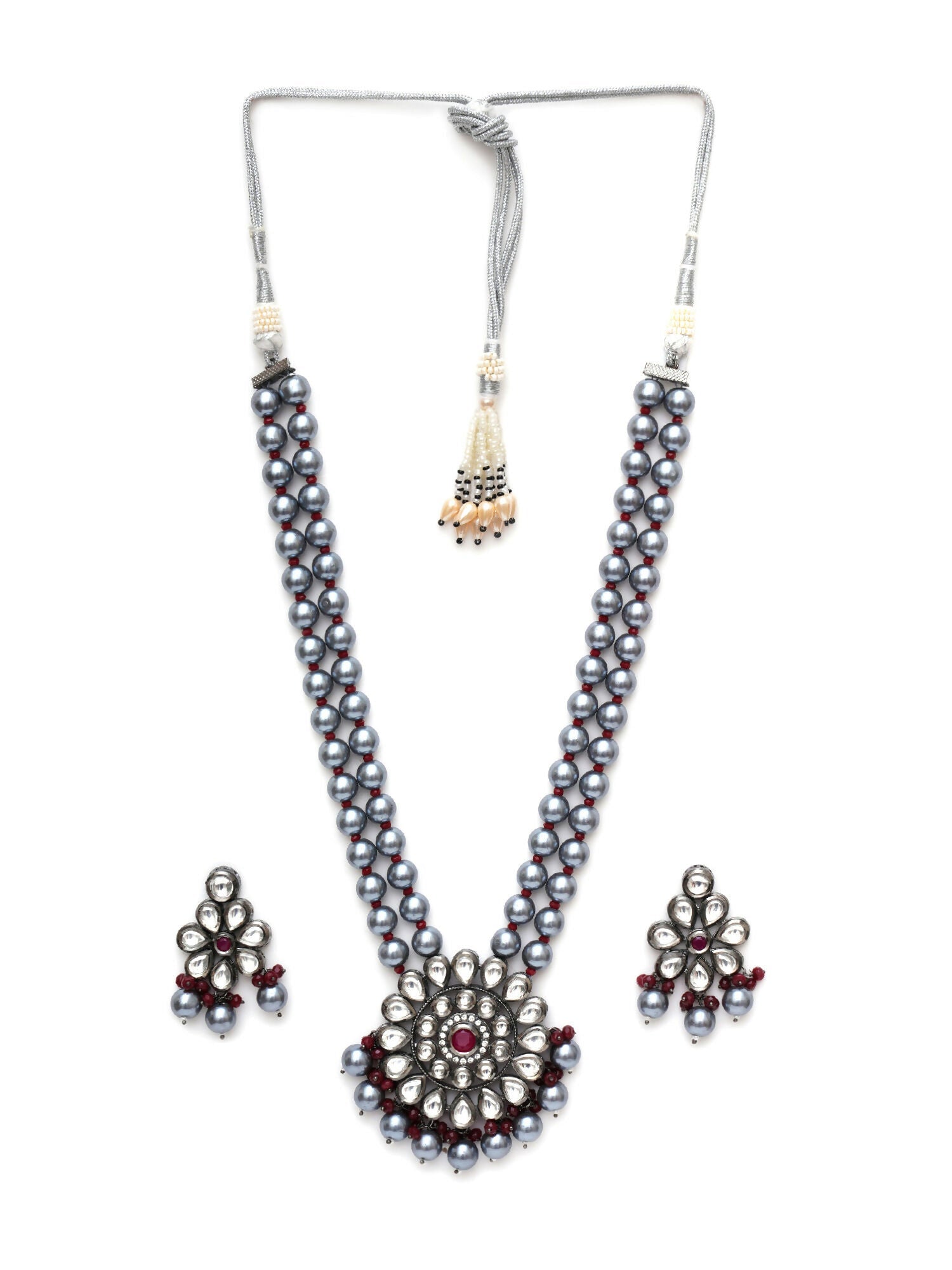 Long Kundan Neckpiece with Earrings with Multi Stones Jewellery Set (Grey) - Ruby Raang