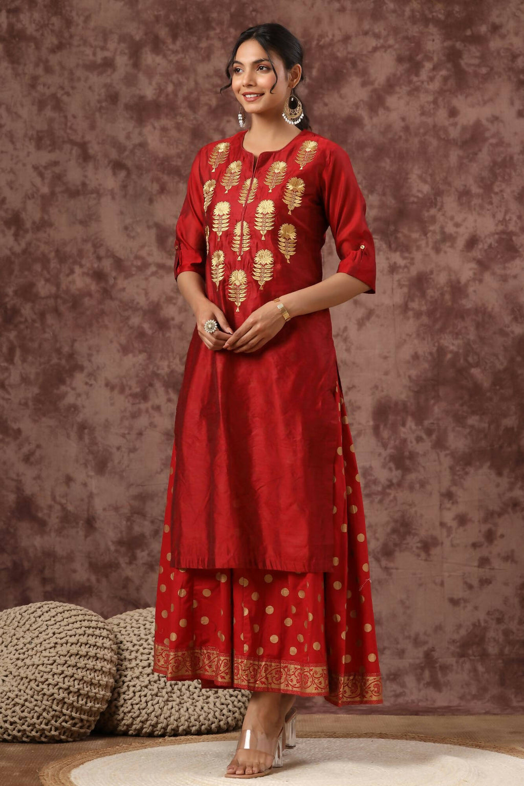 Juniper Women Maroon Chanderi Silk Embroidered & Printed Layered Dress - Distacart
