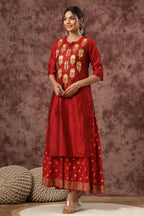 Juniper Women Maroon Chanderi Silk Embroidered & Printed Layered Dress - Distacart