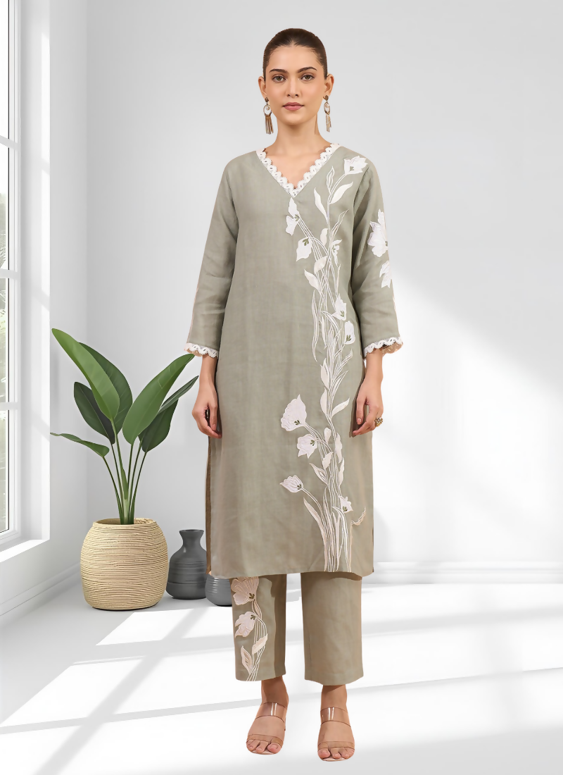 Joban Fashion Gray Linen Embroidered Readymade Long Kurta With Pant - Distacart