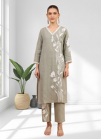 Joban Fashion Gray Linen Embroidered Readymade Long Kurta With Pant - Distacart