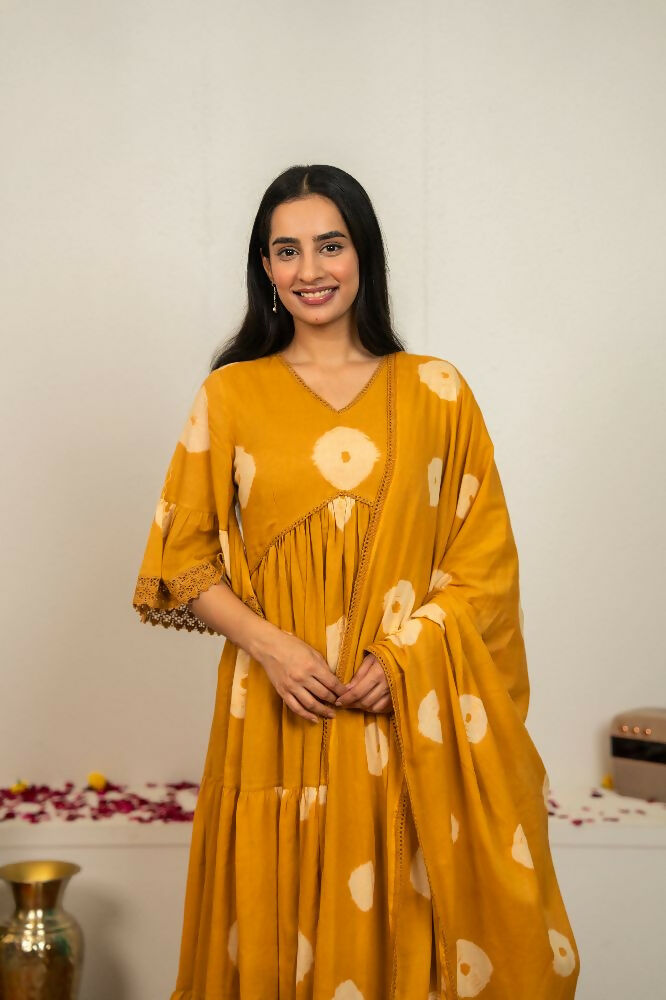 Joban Fashion Musard Yellow Tie & Dye Cotton Suit Set - Distacart