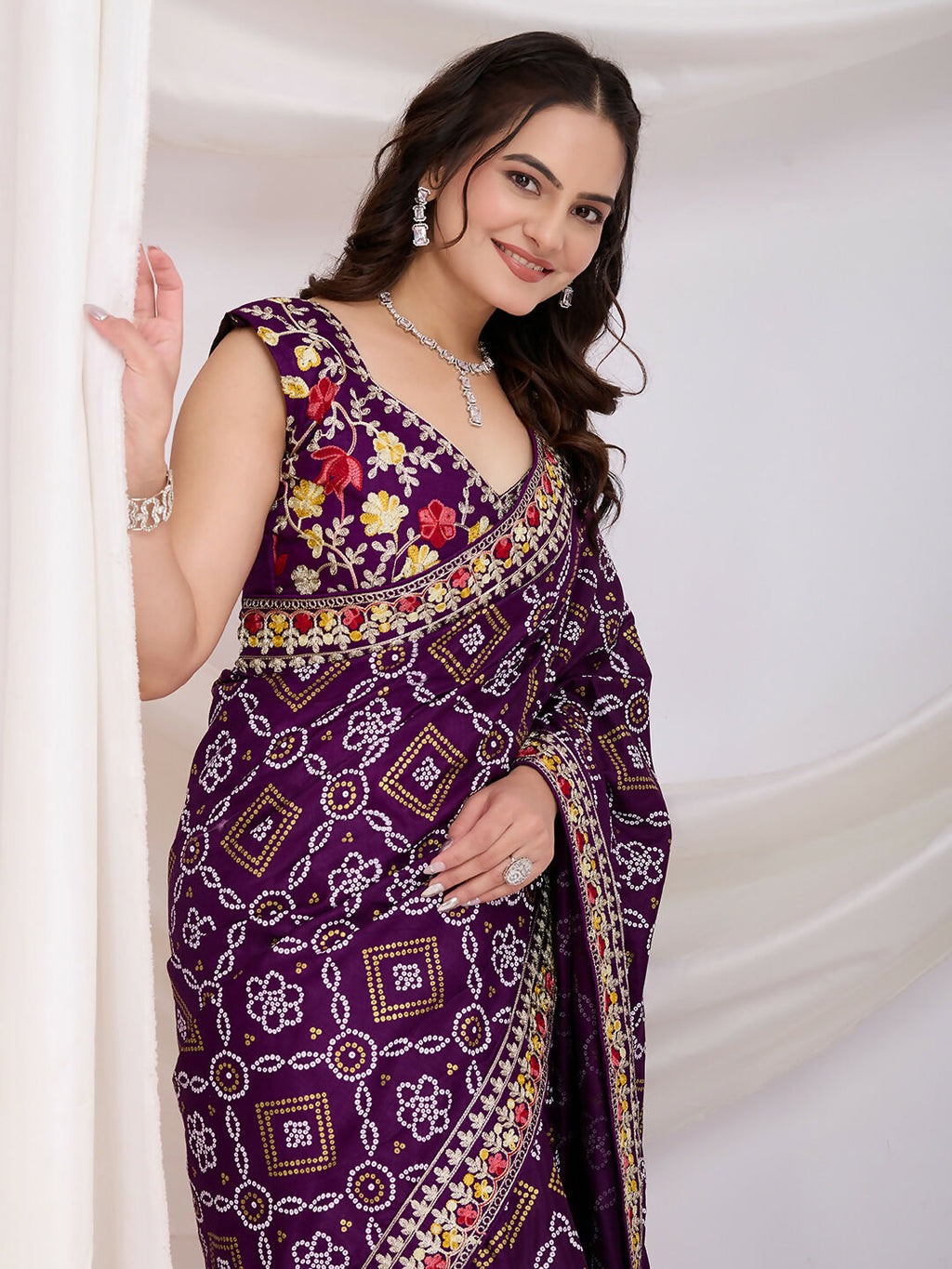 Voilet Vichitra Silk Bandhani Printed, Embroidery Work Saree - Ditya