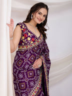 Voilet Vichitra Silk Bandhani Printed, Embroidery Work Saree - Ditya