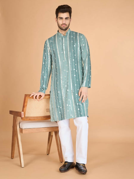 Vastranavya Pista Exclusive Festival Wear Pure Viscose Rayon Sequence & Foil Mirror Heavy Embroidered Work Kurta