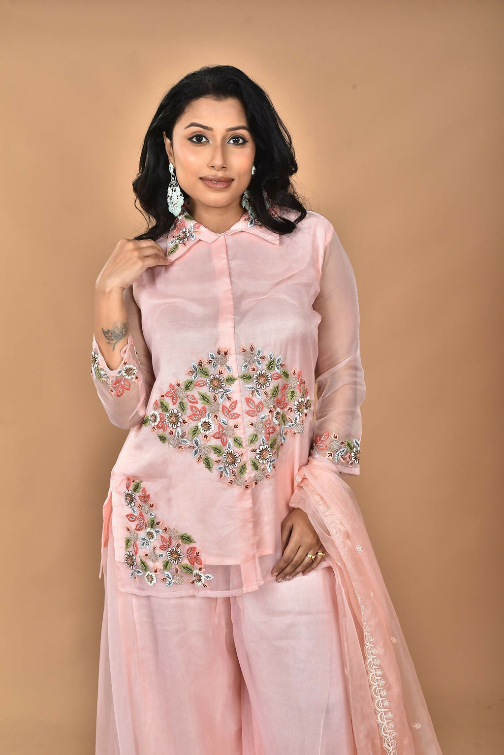 Morchari Women And Hand Embroidery Palazzo Set-Peach