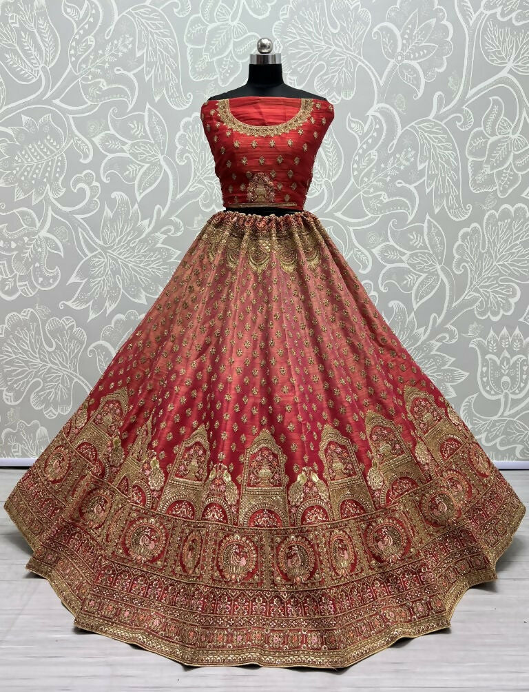 Jyoti Fashion Women's Red Bridal Net Fancy Dori & Sequins Multi Thread Embroidered with Diamond Work Wedding Lehenga Choli