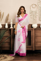 Vastranavya White Digital Printed Linen Ready To Wear Designer Saree with Unstitched Blouse - Distacart