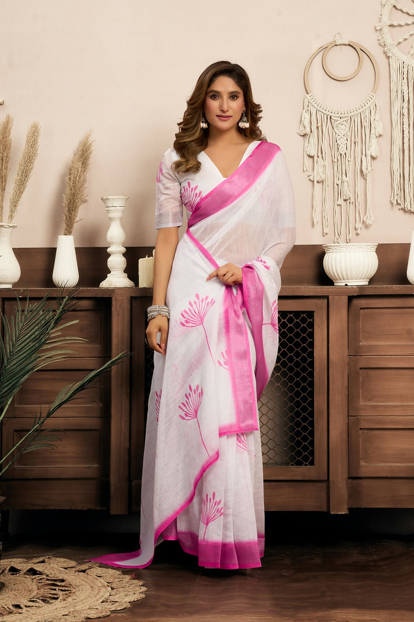 Vastranavya White Digital Printed Linen Ready To Wear Designer Saree with Unstitched Blouse - Distacart
