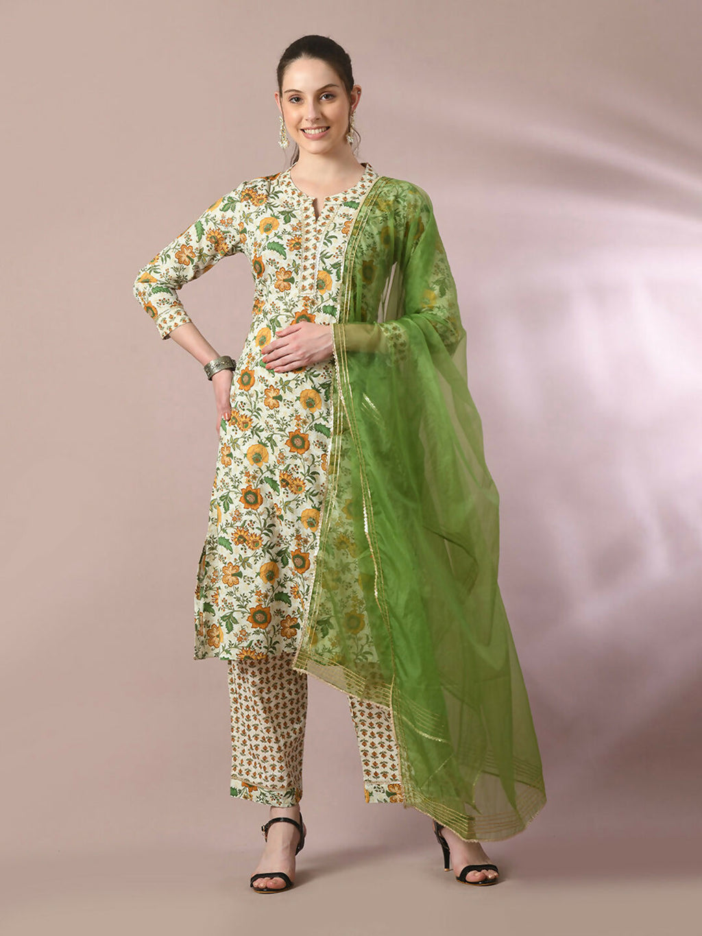 Myshka Women's Multi Printed Cotton Straight Party Kurta Set With Dupatta
