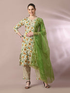 Myshka Women's Multi Printed Cotton Straight Party Kurta Set With Dupatta