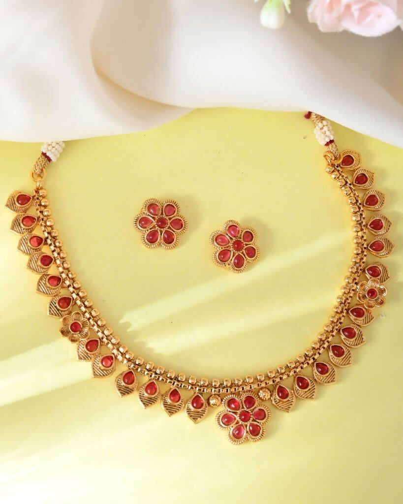 VOJ Gold-Polished Flower Shaped Ruby Stone Studded Jewellery Set