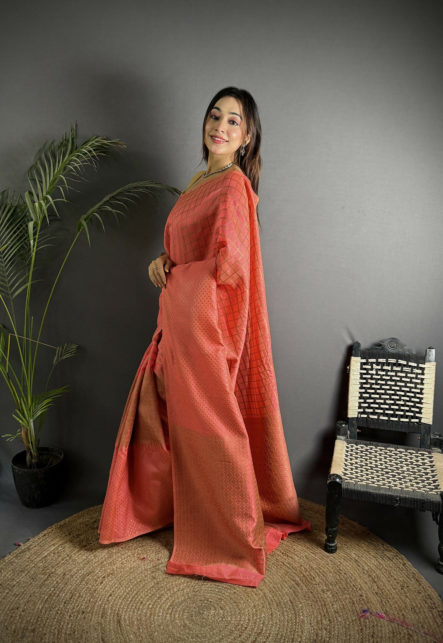 Joban Fashion Peach Banarasi Soft Lichi Silk Checks & Woven Saree - Distacart