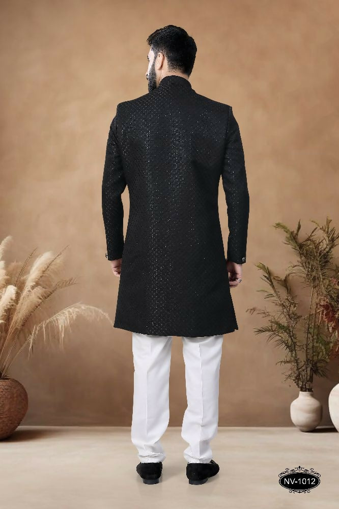 Joban Fashion Men's Black Straight Silk Thread & Sequence Embroidery All Over Indo-Western Kurta Set