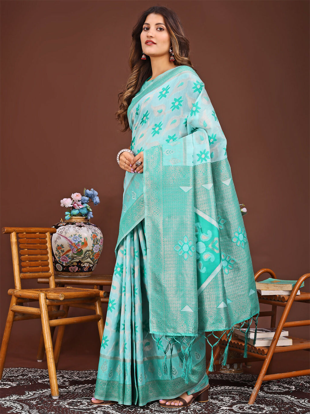 Shree Shyam Fashion Sajni Sea Green Linen Cotton Saree