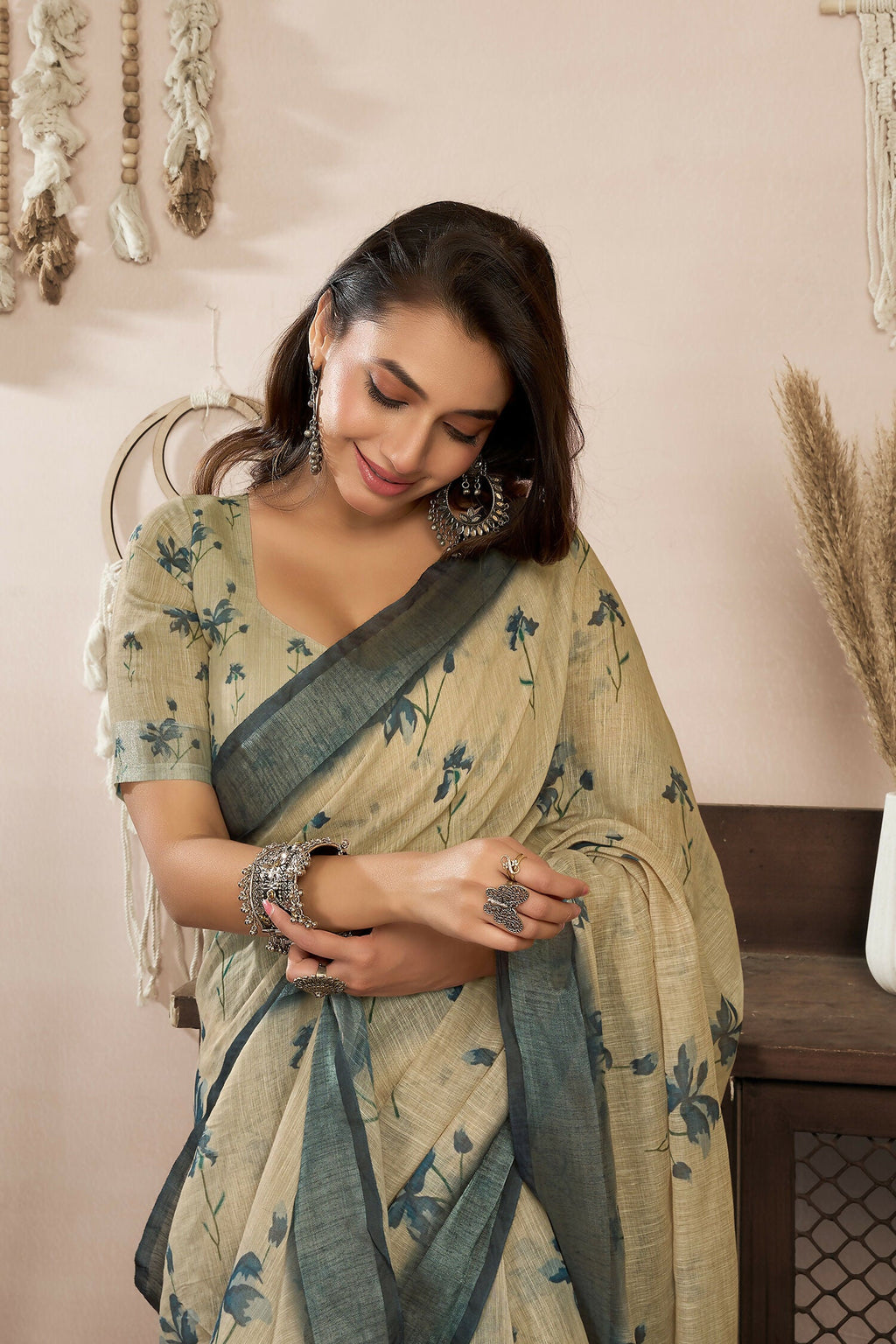 Joban Fashion Beige Floral Linen Ready To Wear Saree With Unstitched Blouse - Distacart