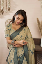 Joban Fashion Beige Floral Linen Ready To Wear Saree With Unstitched Blouse - Distacart