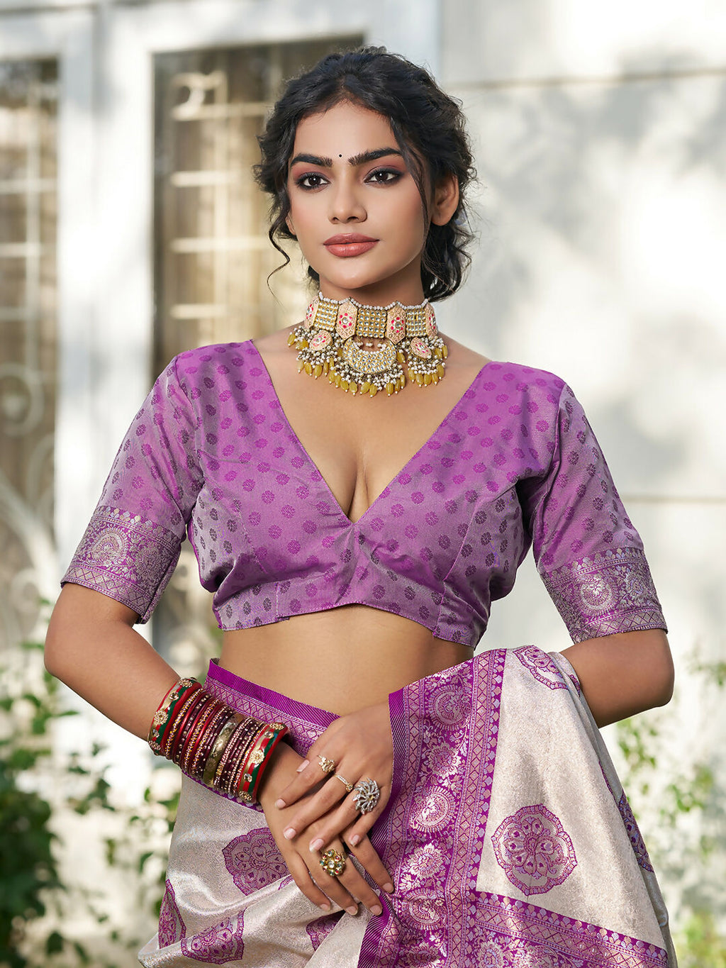 Shree Shyam Fashion Cream With Purple Silk Blend Saree - Distacart
