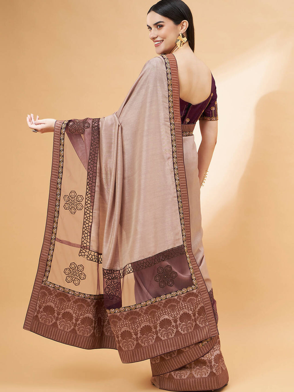 Beige, Purple Tussar Silk Zari, Thread And Cord Embroidery, Laser Cut Applique Saree - Norita Hit Design