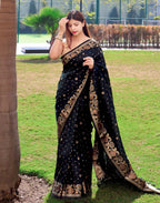 DEIANA'S Beautiful Designer Golden zari Soft Lichi Silk Saree - Black