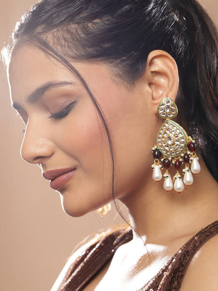 Gold-Toned White Kundan Contemporary Gold-Polished Jhumkas Earrings - Ruby Raang