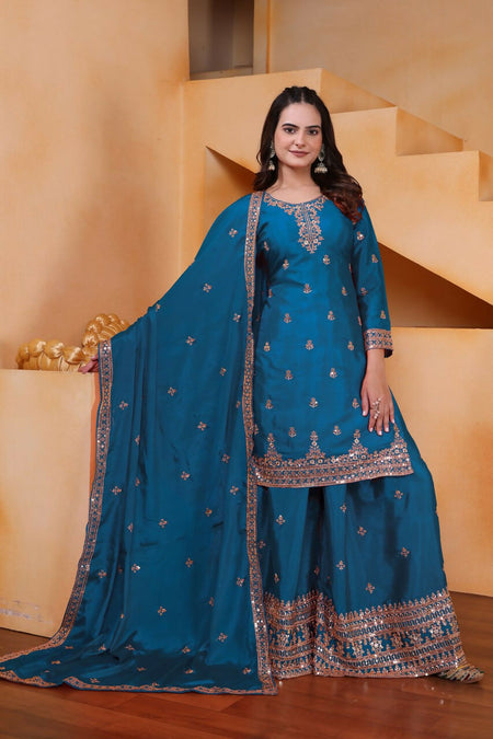 Teeya Creation Teal Color Chinon Silk Wedding Wear Trending Palazzo Set