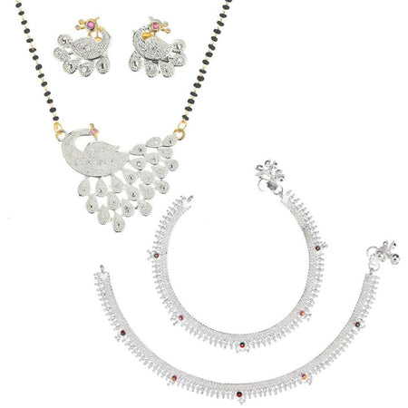 AanyaCentric Gold-Polished Mangalsutra Pendant Earring Set & Silver Plated Anklet