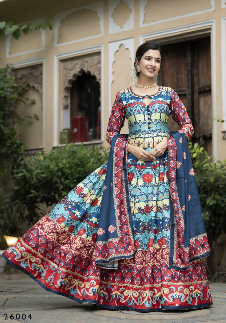 Wedding Designer Multi Soft Dola Silk Anarkali suit with Dupatta - Samanta