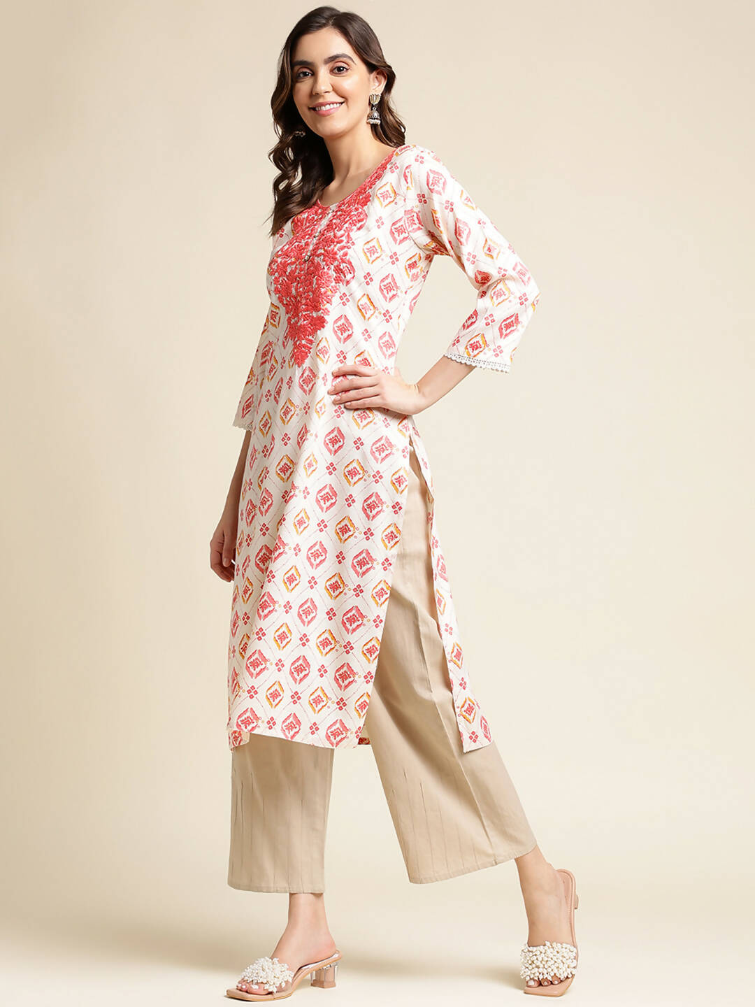 Red Poly Rayon Aztec Printed Straight Fit Kurta - Prasuti