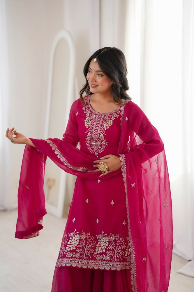 Lehenga Mart Designer Sharara Suit With Kurta, Sharara, Dupatta For Women-Dark Rani - Distacart