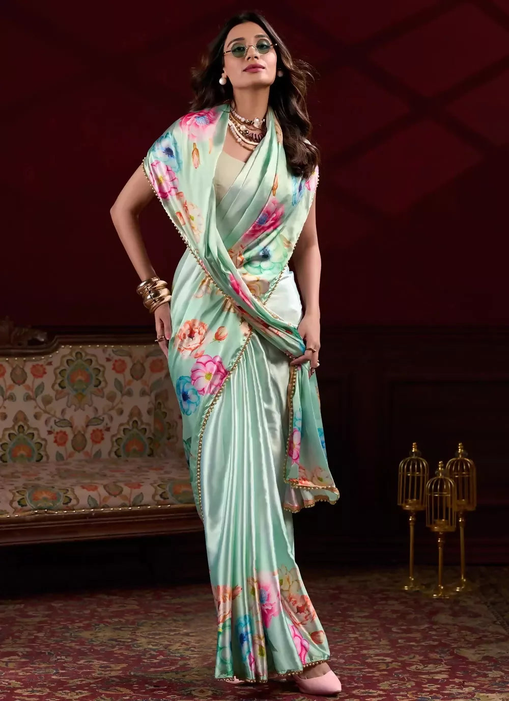 Vastranavya Pista Satin Silk Floral Printed with Pearl Lace Saree with Unstitched Blouse - Distacart