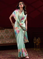 Vastranavya Pista Satin Silk Floral Printed with Pearl Lace Saree with Unstitched Blouse - Distacart