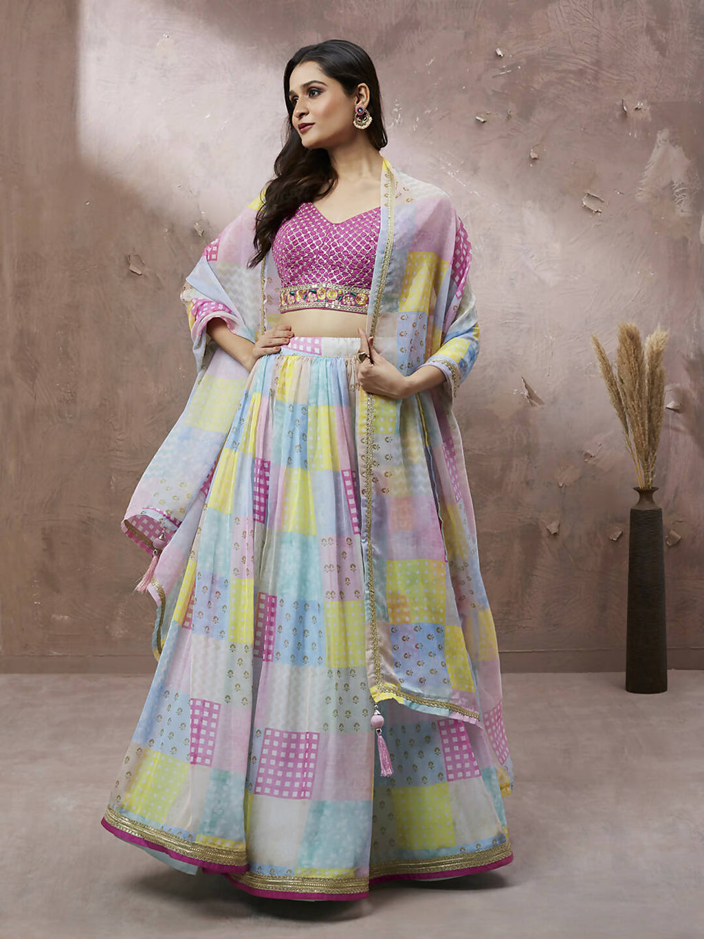 House of Panchhi Turquoise Blue Organza Floral Printed Lehenga choli & Dupatta