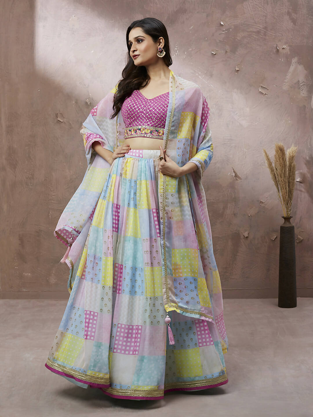 House of Panchhi Turquoise Blue Organza Floral Printed Lehenga choli & Dupatta